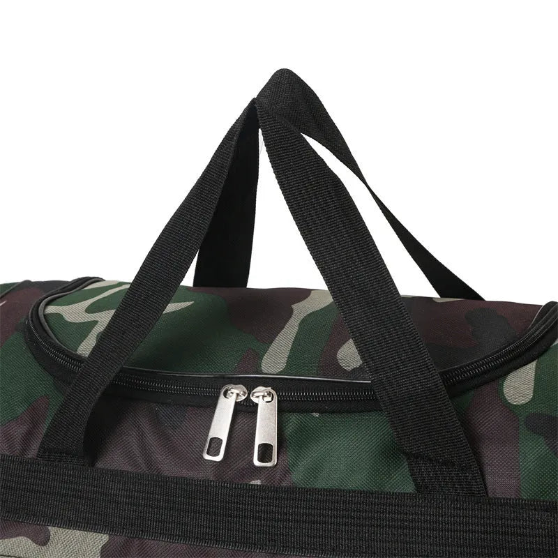 Green camouflage waterproof fabric luggage bag with striped interior lining.
