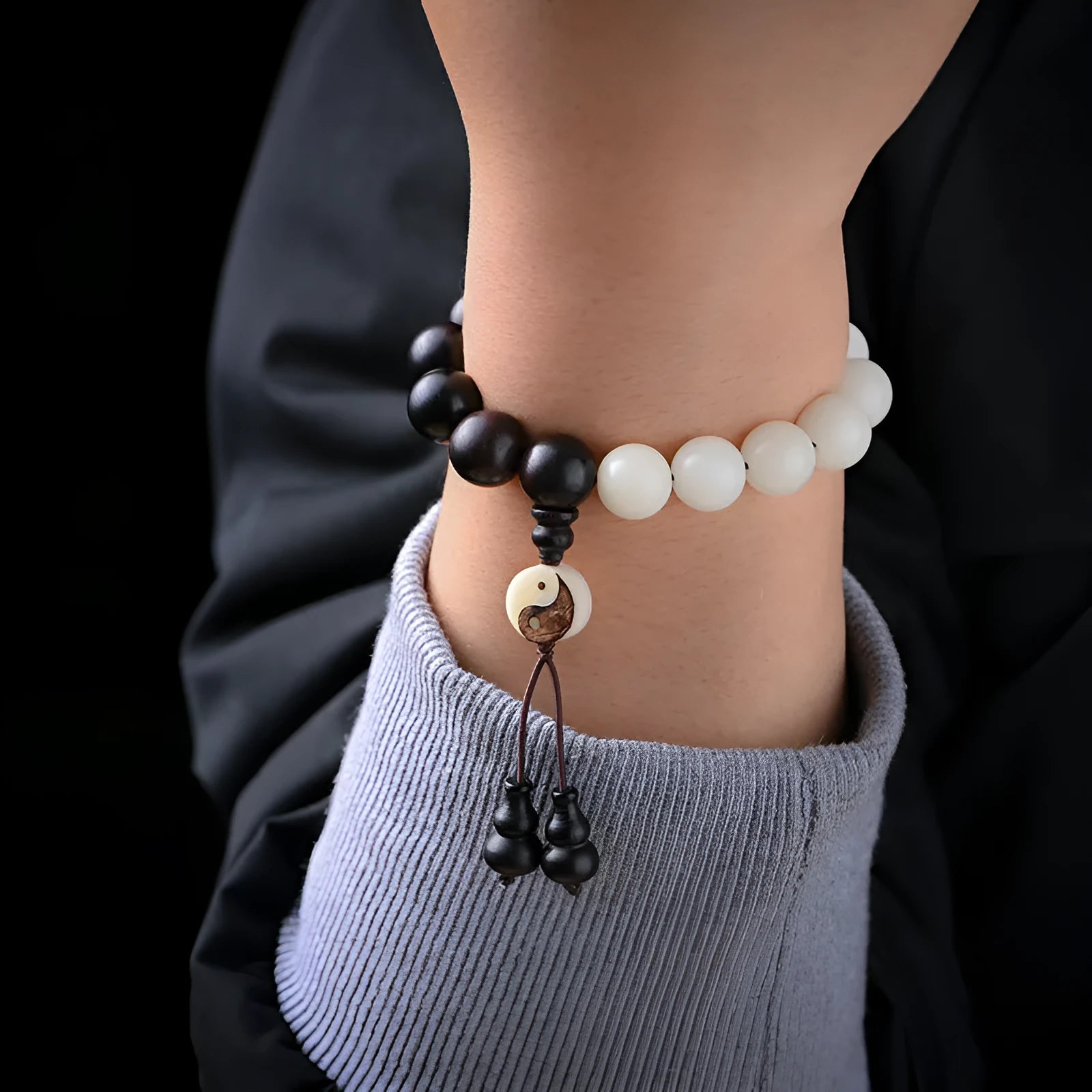 Handcrafted bodhi bead bracelet with eight-diagram pattern design featuring 11mm diameter beads