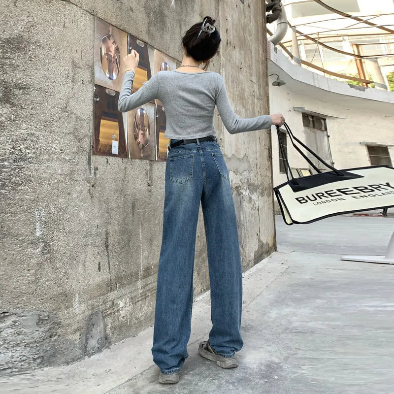 Women's high waist straight leg jeans in retro blue cotton denim showing front and back views