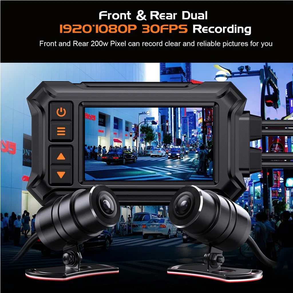 Motorcycle dual lens tachograph recorder with 3 inch screen, GPS module, and waterproof housing.