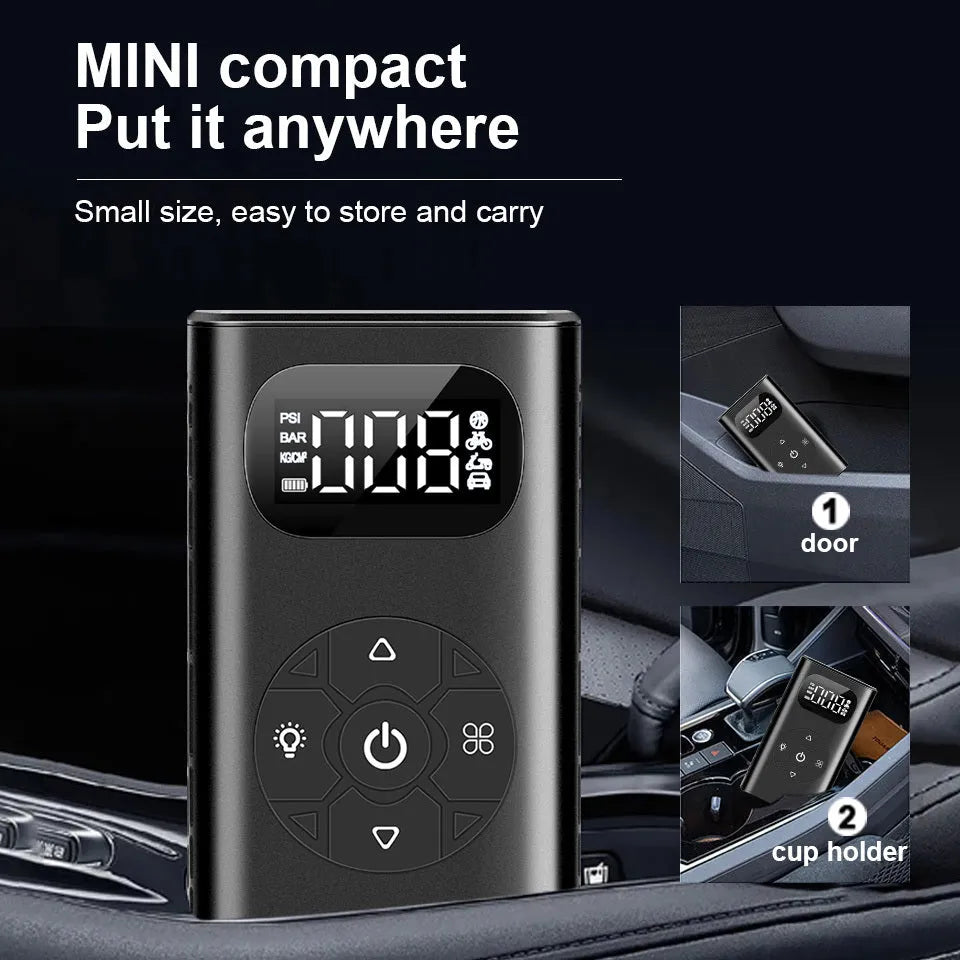 Black cuboid portable air compressor power bank with USB cable for car and bike tyre inflation