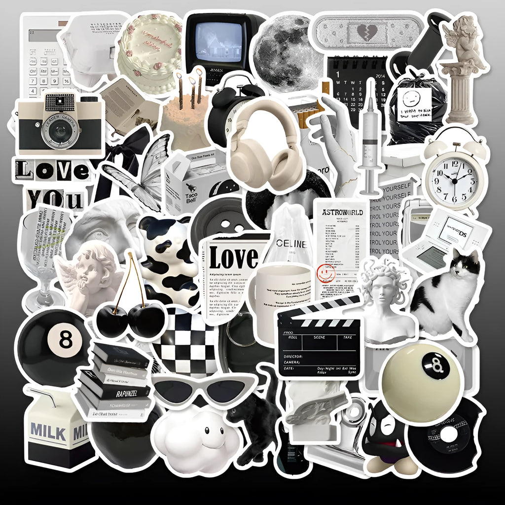 Black and white waterproof PVC sticker pack with coffee cup designs for laptops and phones