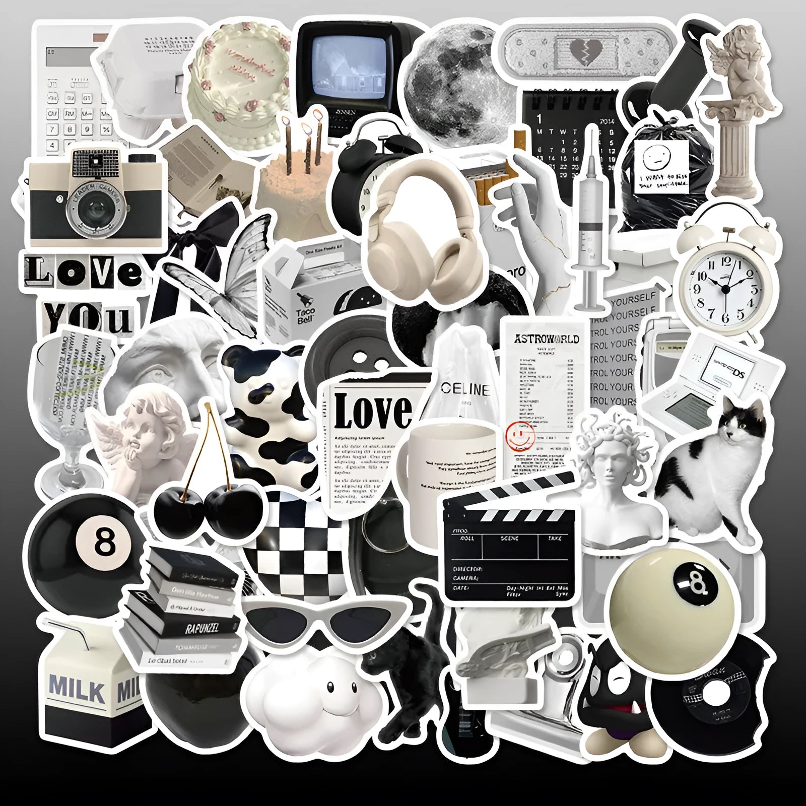 Black and white waterproof PVC sticker pack with coffee cup designs for laptops and phones