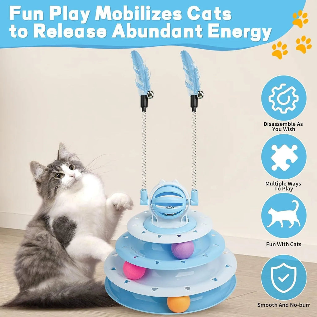 Blue 4-tier interactive cat toy with balls and teasing rods on a non-slip base.