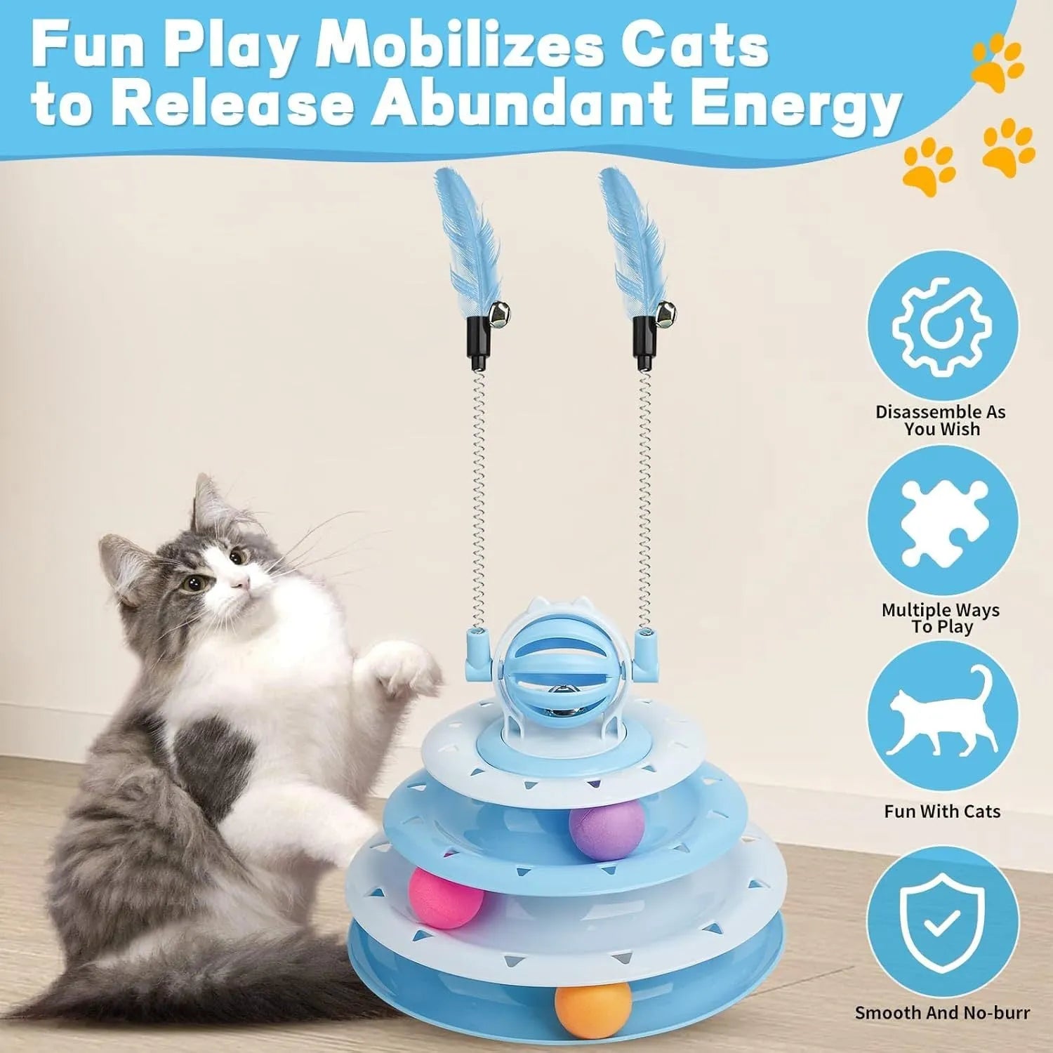 Blue 4-tier interactive cat toy with balls and teasing rods on a non-slip base.