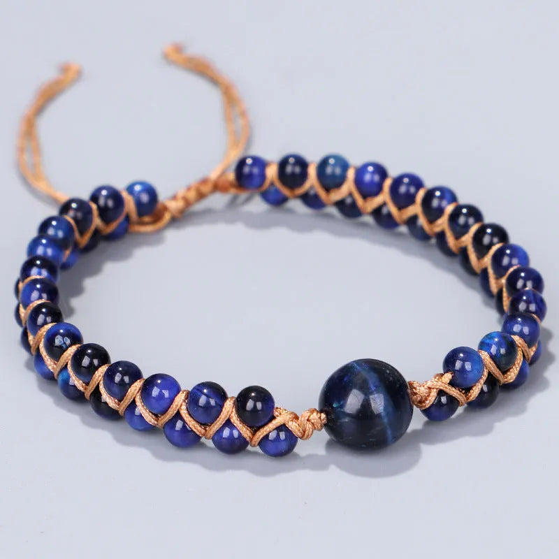 Handwoven geometric pull bracelet in blue Tigereye or Amethyst colours