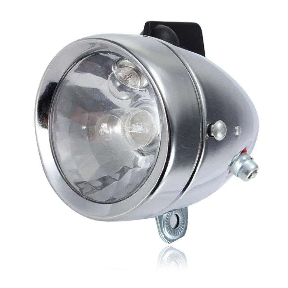 Silver bicycle dynamo-powered light generator kit for front fork or rear frame mounting.