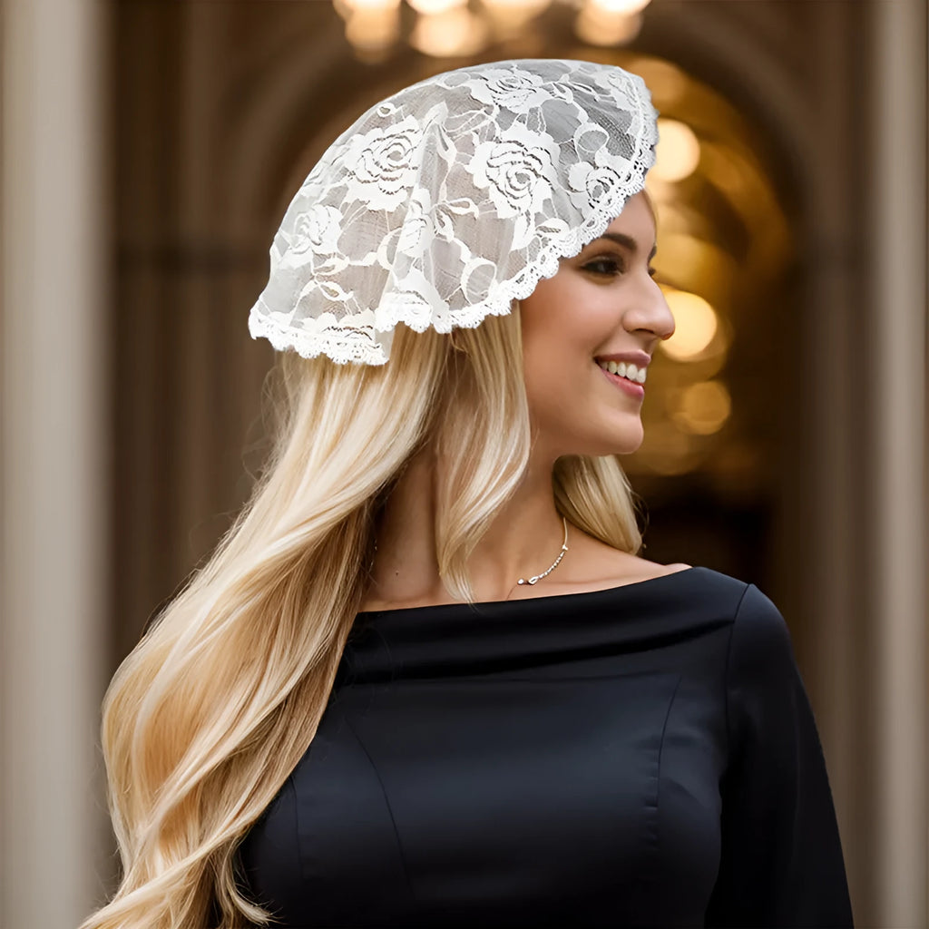 Round floral bridal head veil accessory measuring 30cm in black or white colour