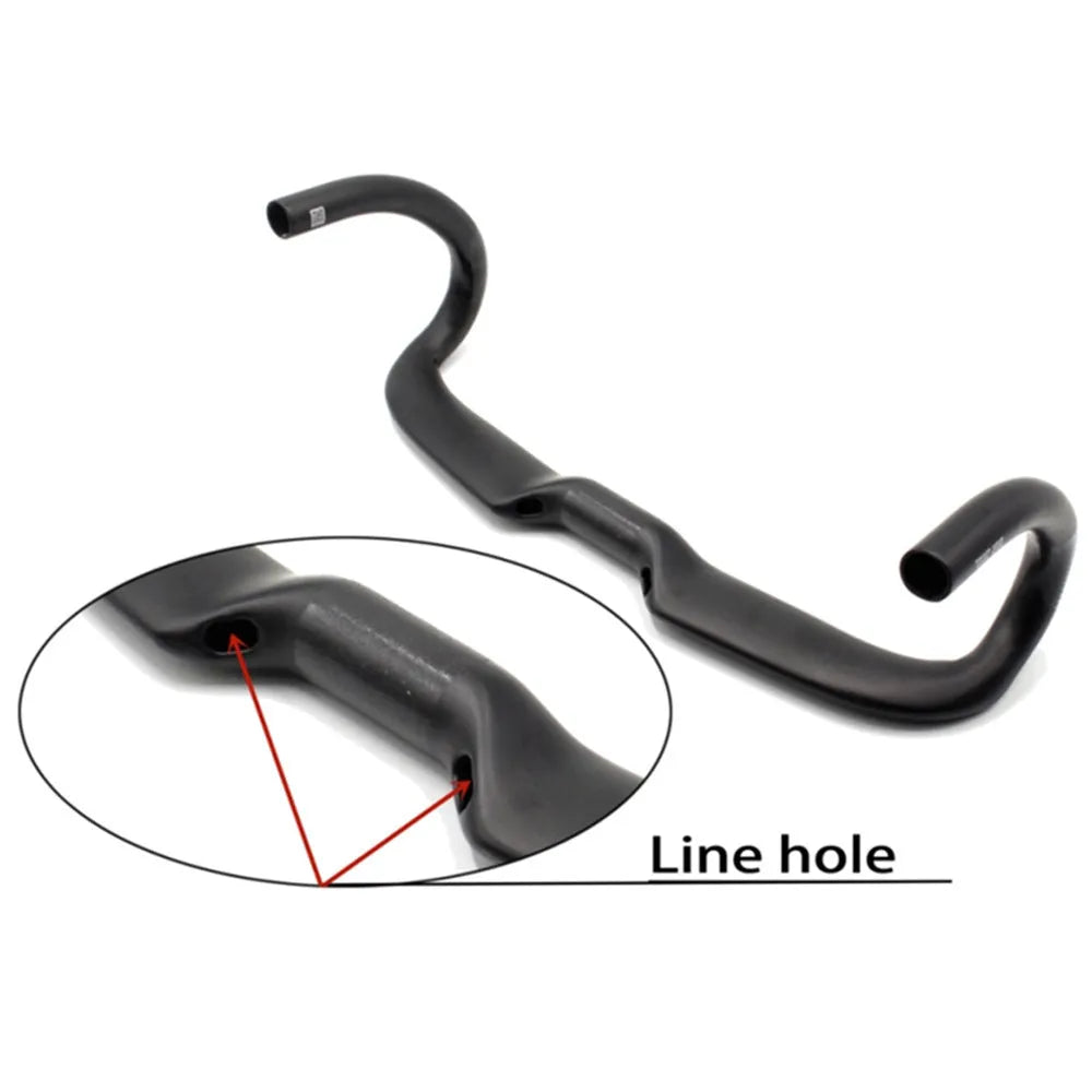 Matte carbon fibre road bicycle handlebar showing bent design with width measurement options