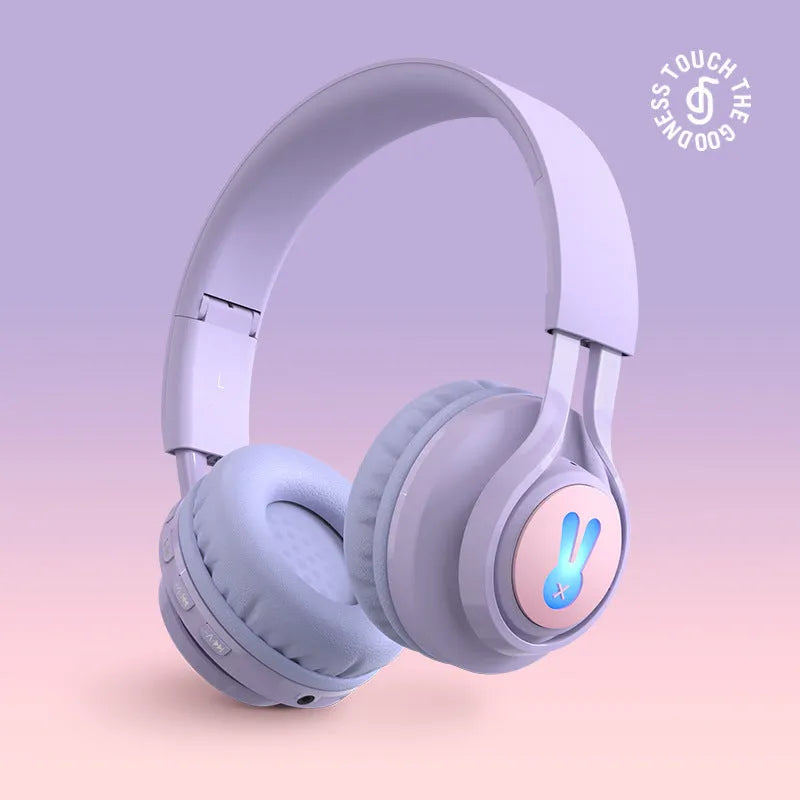 Wireless children's headphones with RGB lights in bunny purple colour showing stereo ear cups
