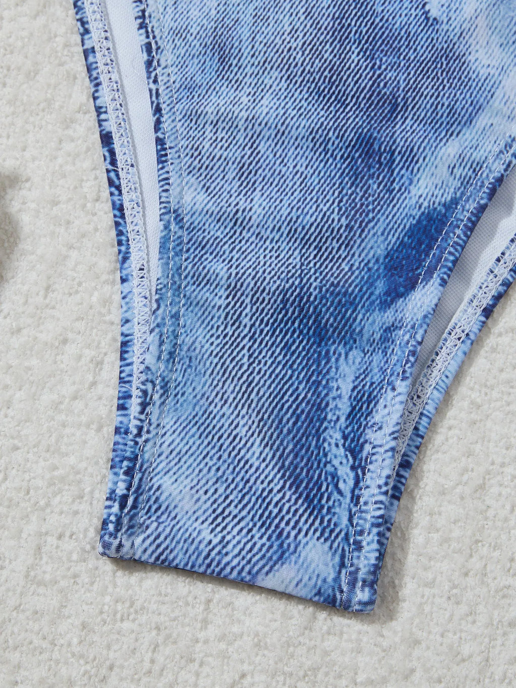 Women's denim blue printed bikini set with strap design and nylon-spandex fabric