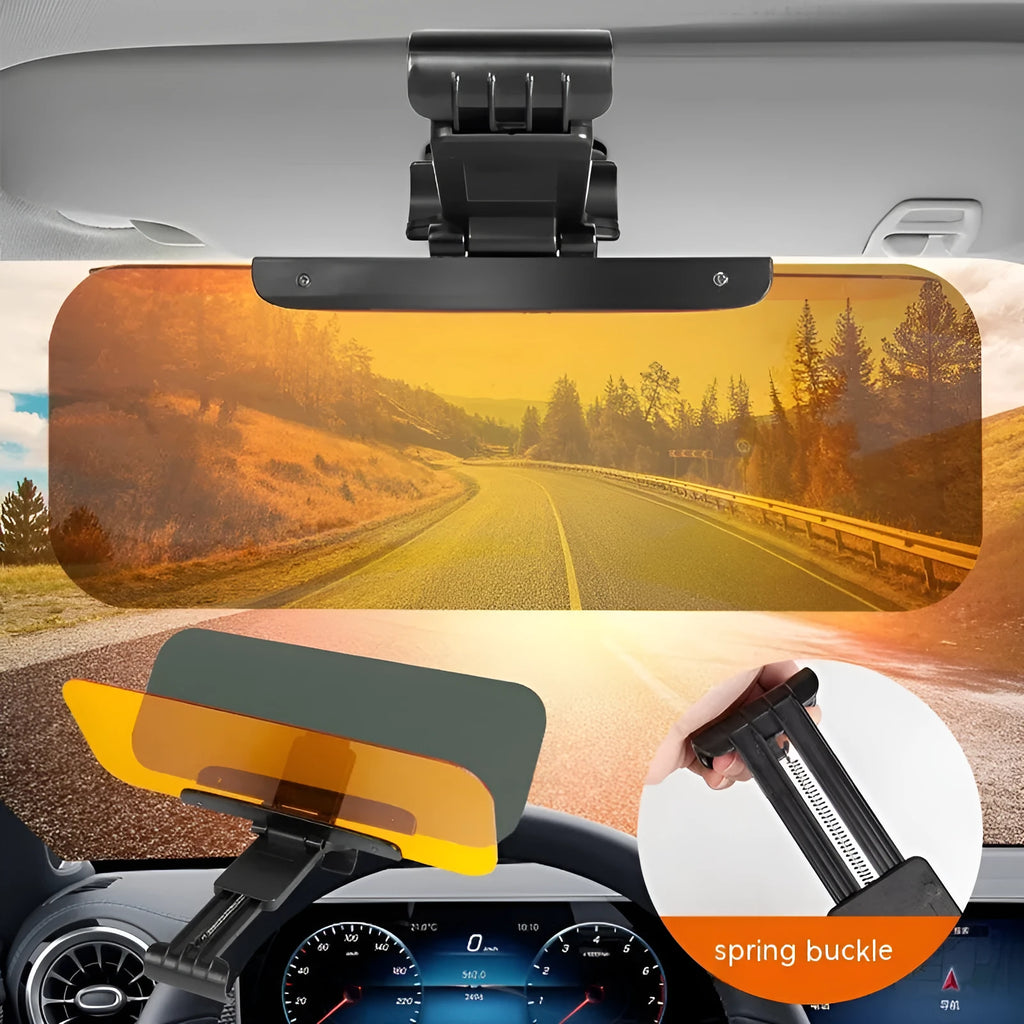 Car sun visor with anti-high beam goggles showing acrylic lens and telescopic mount for universal vehicle fit.