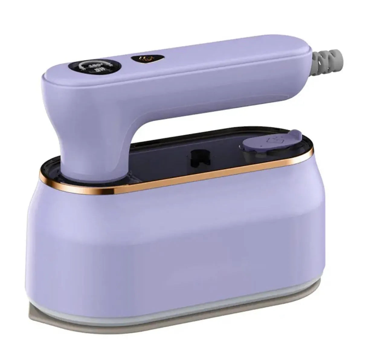 Light purple foldable portable travel iron with a ceramic soleplate on a white background.