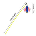 Blue yellow and pink cat teaser wand with dragonfly attachment and bell on a 49cm stick.