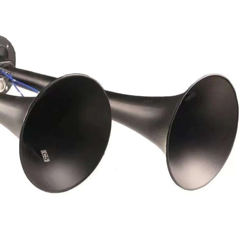 Black dual trumpet 12V 24V 300DB super loud air horn and compressor kit for universal vehicle fitment