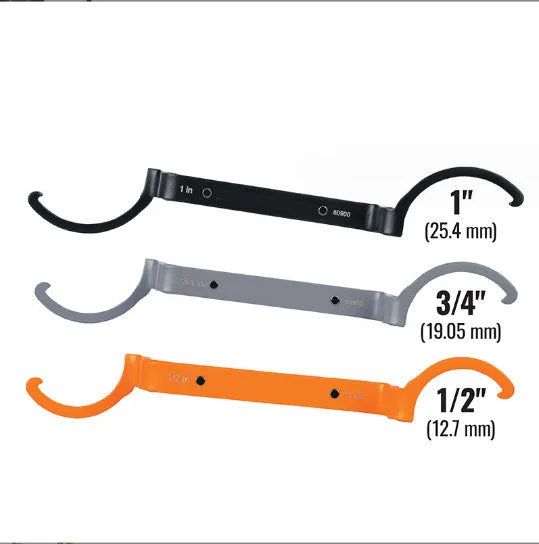 Orange, grey, and black crescent wrenches with magnetic suction lock in a three-piece tool kit.