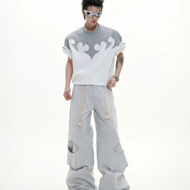 Men's grey cotton shirt with 3D burnt flower stitching and rhinestone details on the front.