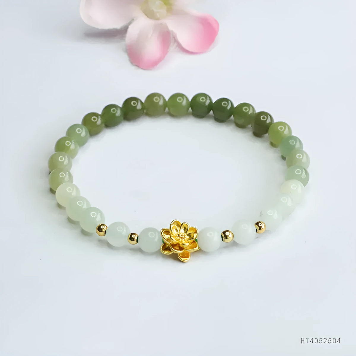 Hand-woven Hetian jade bracelet with sunshine water gradient colour and floral design