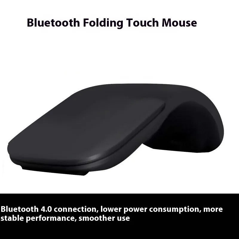 Black folding Bluetooth wireless mouse showing touch scroll area and compact folded size
