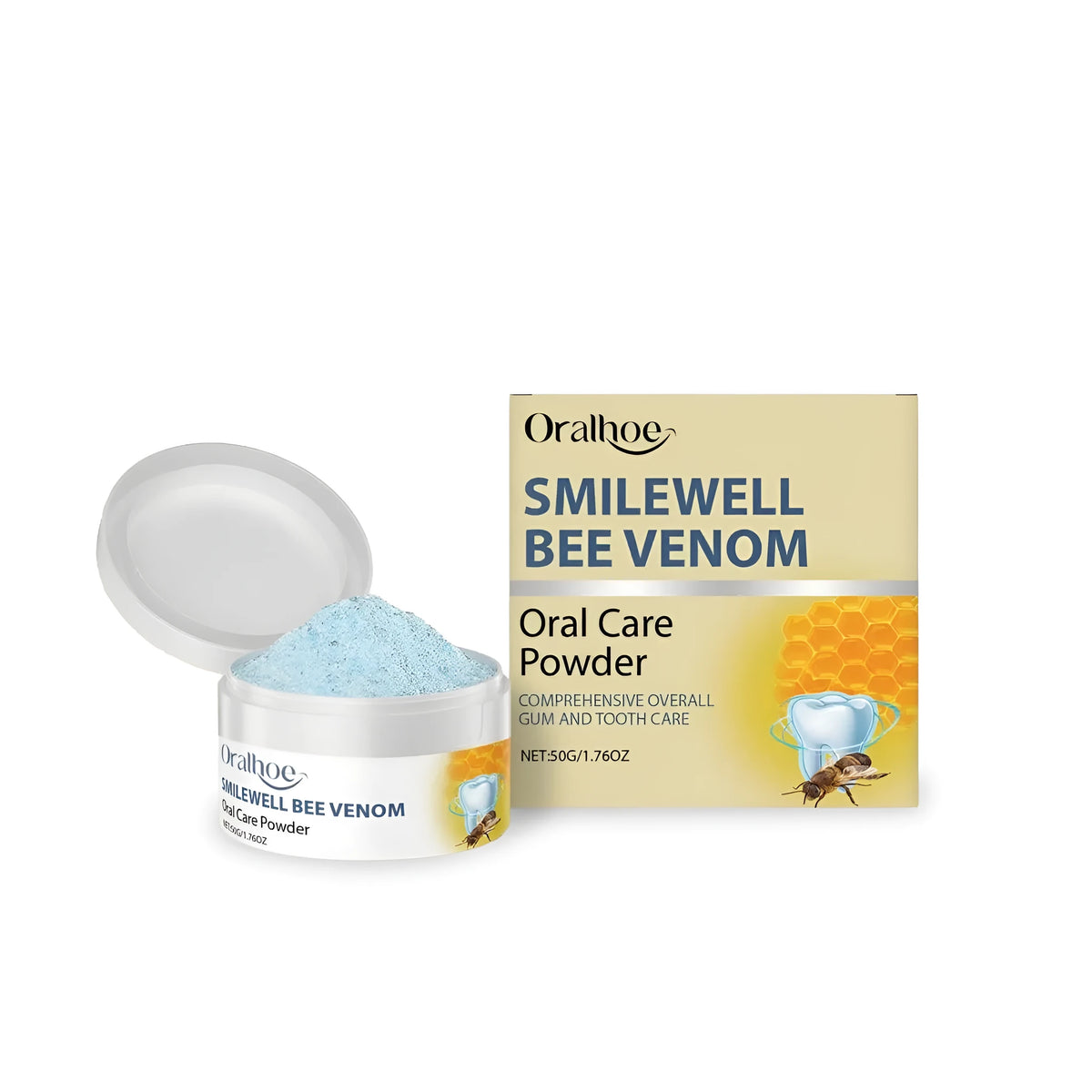 50g container of oral care powder with sodium bicarbonate and mint leaf extract