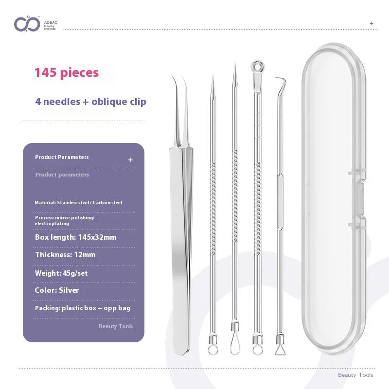 Four silver metal acne needles with ultra-fine pointed tips for blackhead extraction.