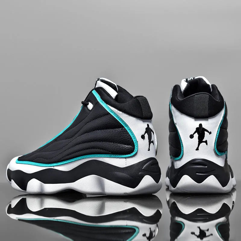 Men's high-top basketball shoes in AJ13 white red colourway with mesh upper and thick rubber sole.