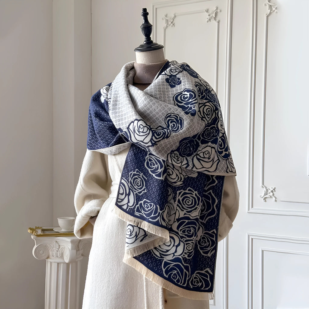 Imitation cashmere winter scarf with tassels showing grey, black, blue, and khaki colour options