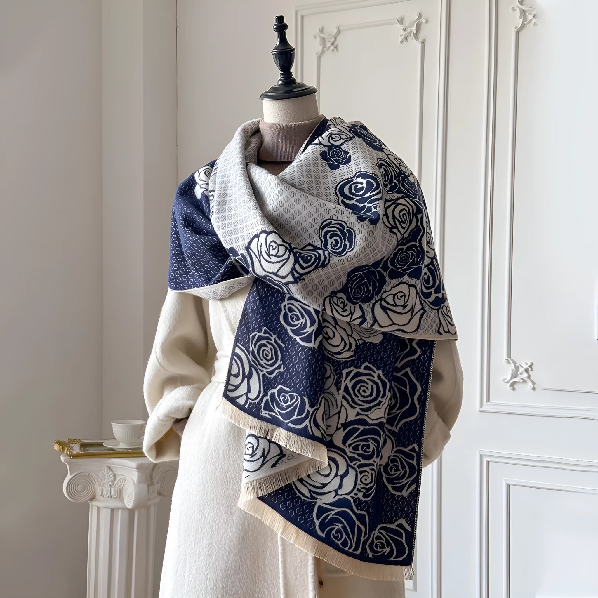 Imitation cashmere winter scarf with tassels showing grey, black, blue, and khaki colour options