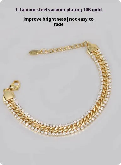 Gold plated tennis bracelet with stone inlay details on titanium steel base for unisex wear