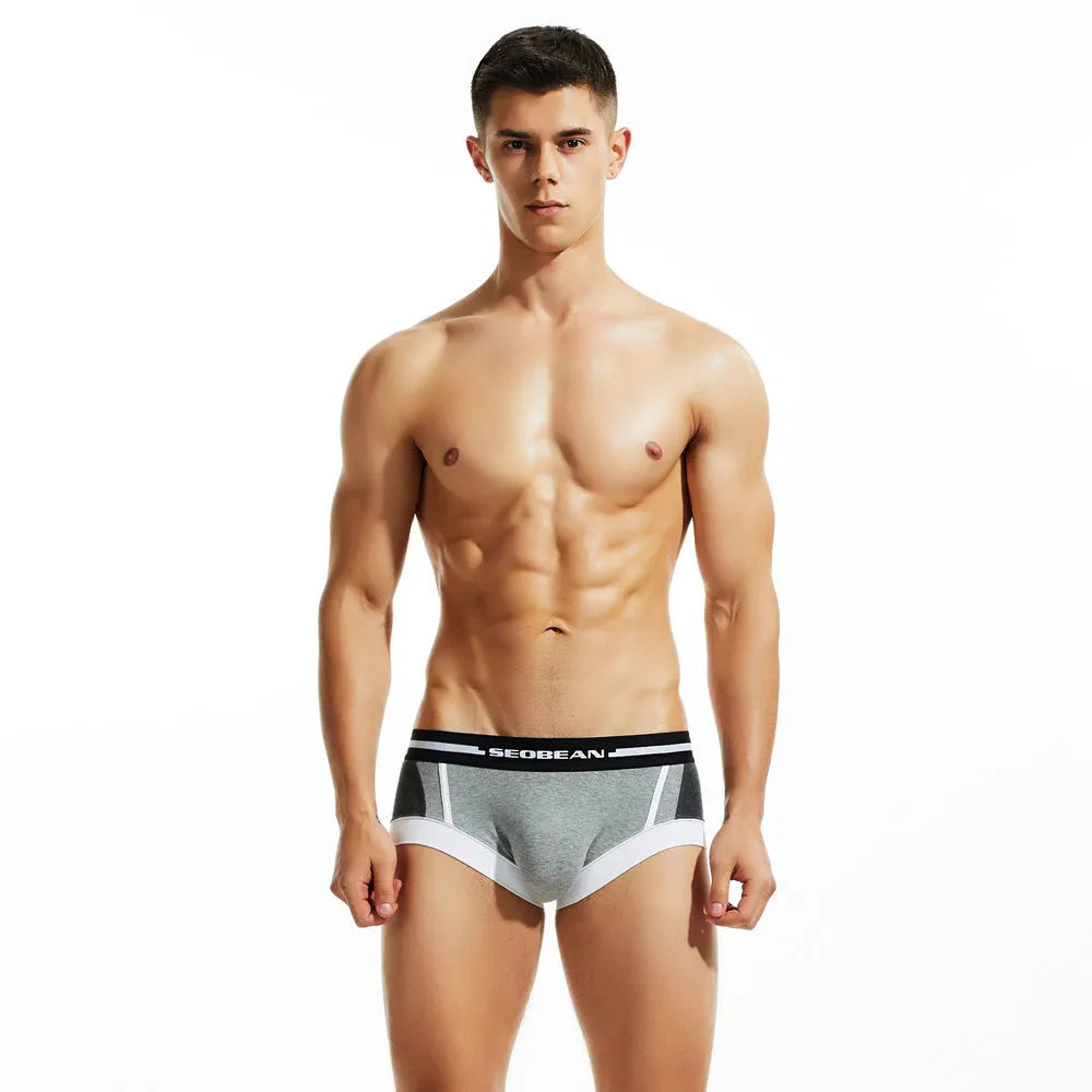 Men's cotton boxer shorts in red, dark blue, and light grey colours showing low-waist design