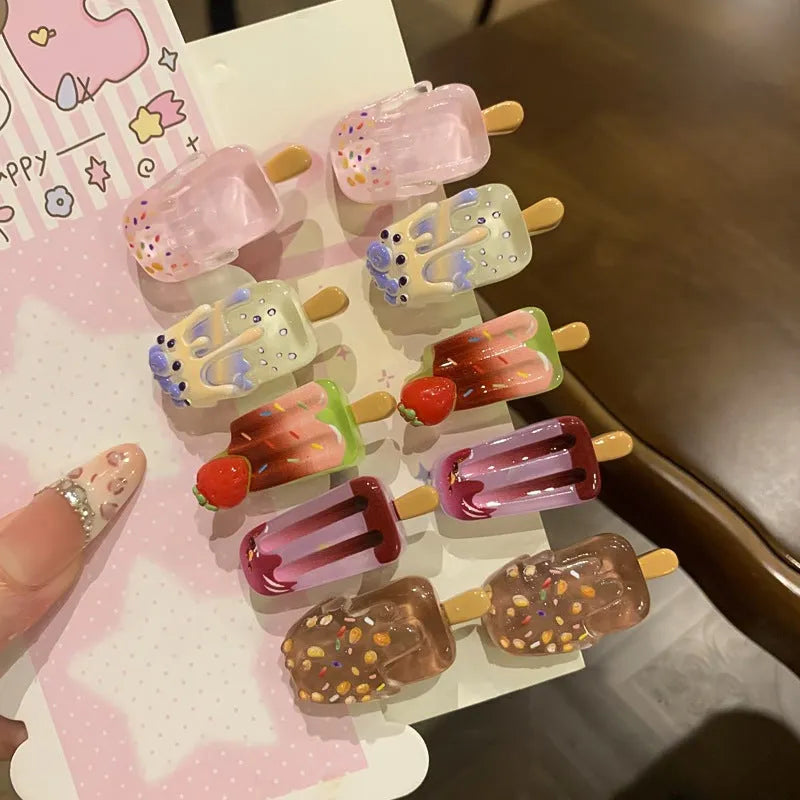 Resin hair barrette with cartoon ice cream charm in pastel colour