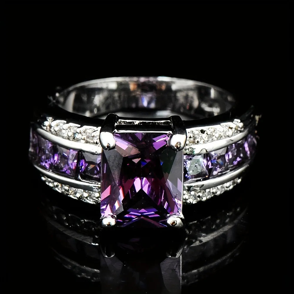 Personalised zinc alloy unisex ring with a choice of blue diamond or coloured zircon gemstone settings.