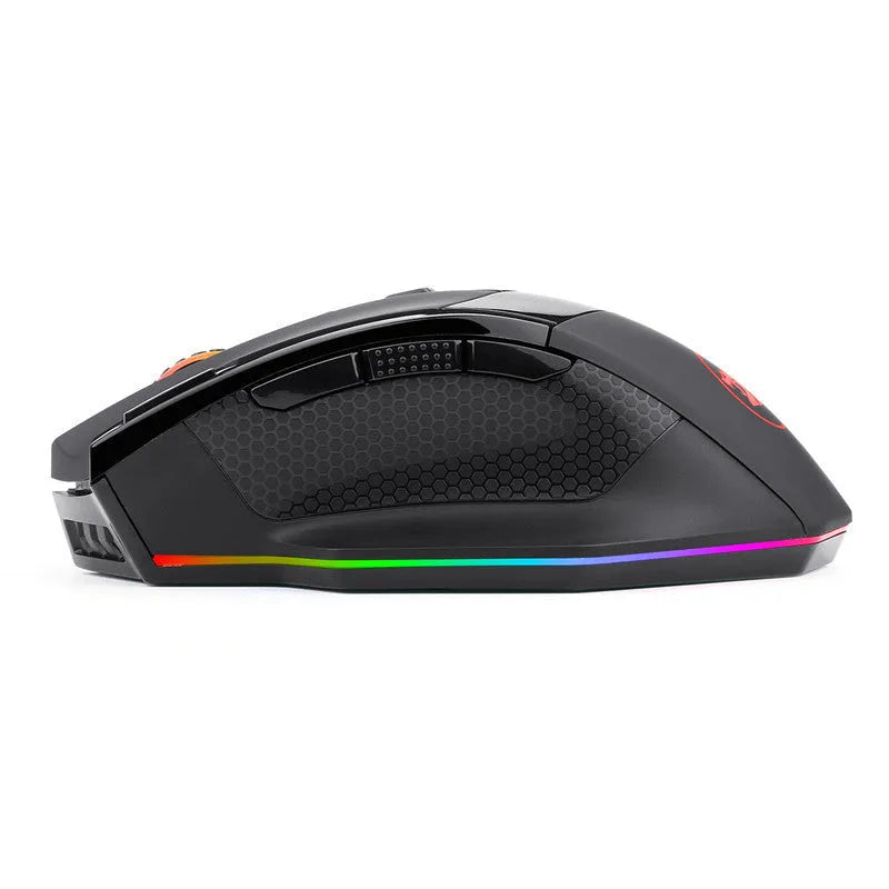 Redragon M801P black gaming mouse showing nine programmable buttons and dual-mode wireless/wired connectivity