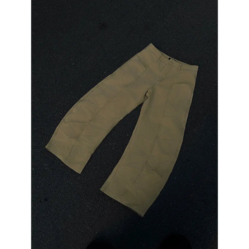 Men's khaki cotton straight leg casual trousers on a white background