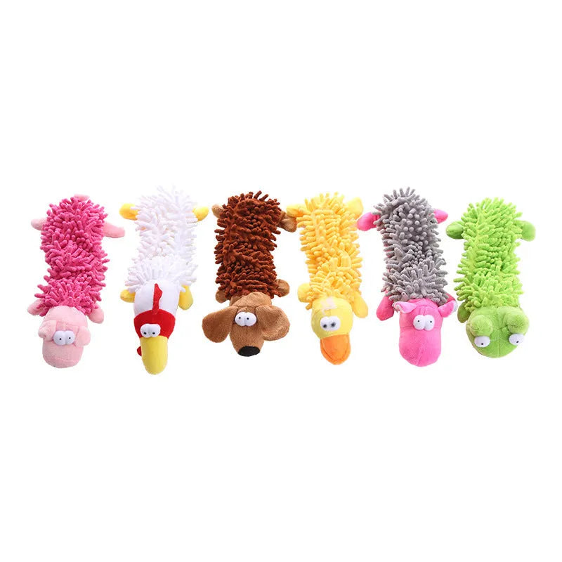 Plush horse molar dog chew toy in animal colour variations including brown dog, yellow duck, white chicken