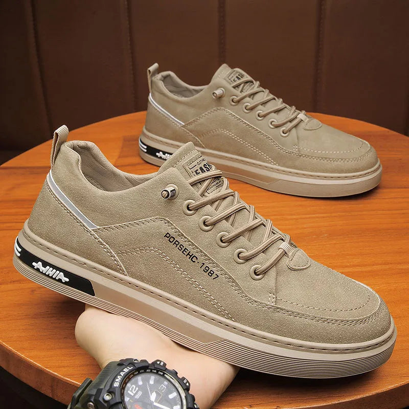 Men's khaki low-top casual shoes with a round toe and non-slip rubber sole.