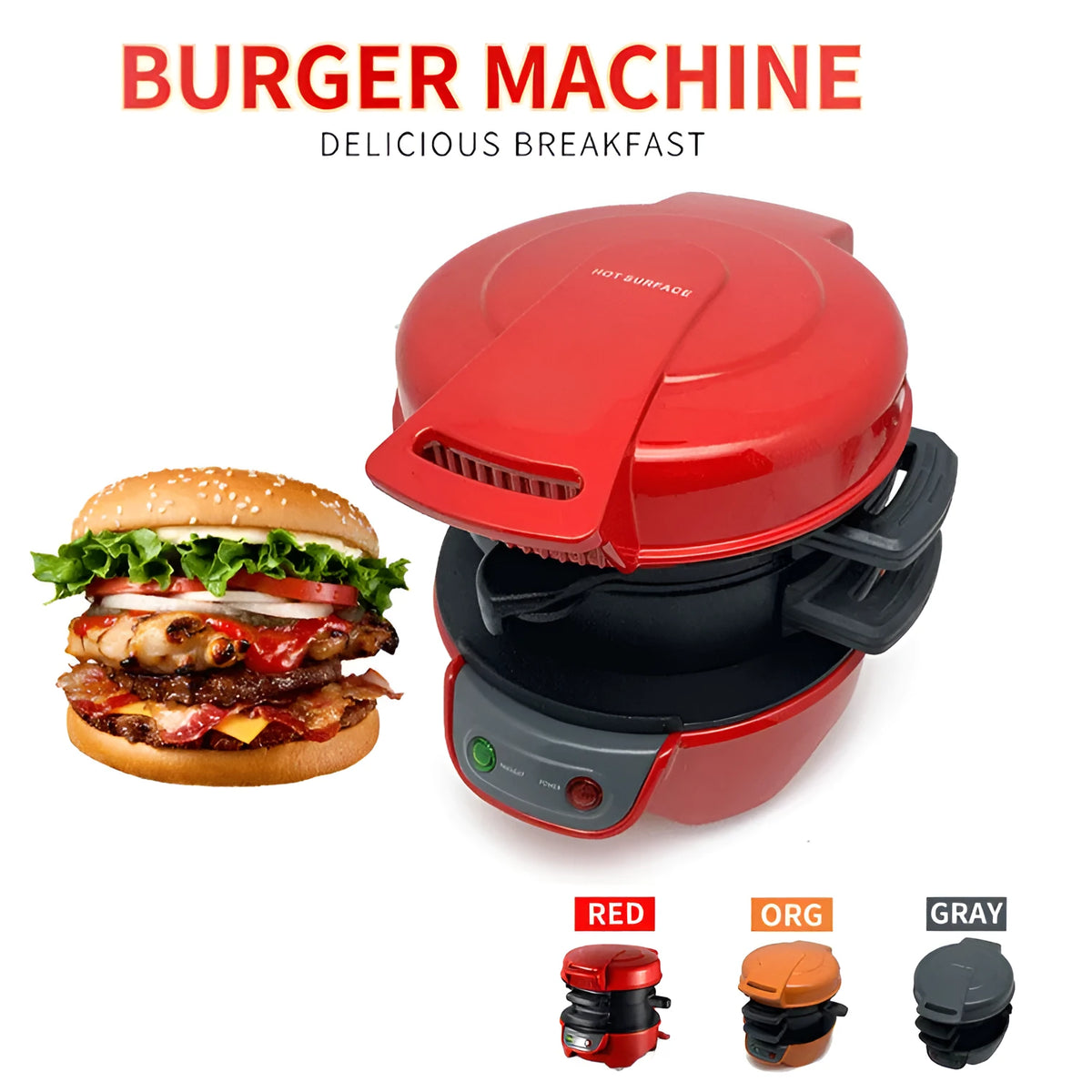 Bright red breakfast sandwich maker with egg cooker ring and waffle plates on kitchen counter