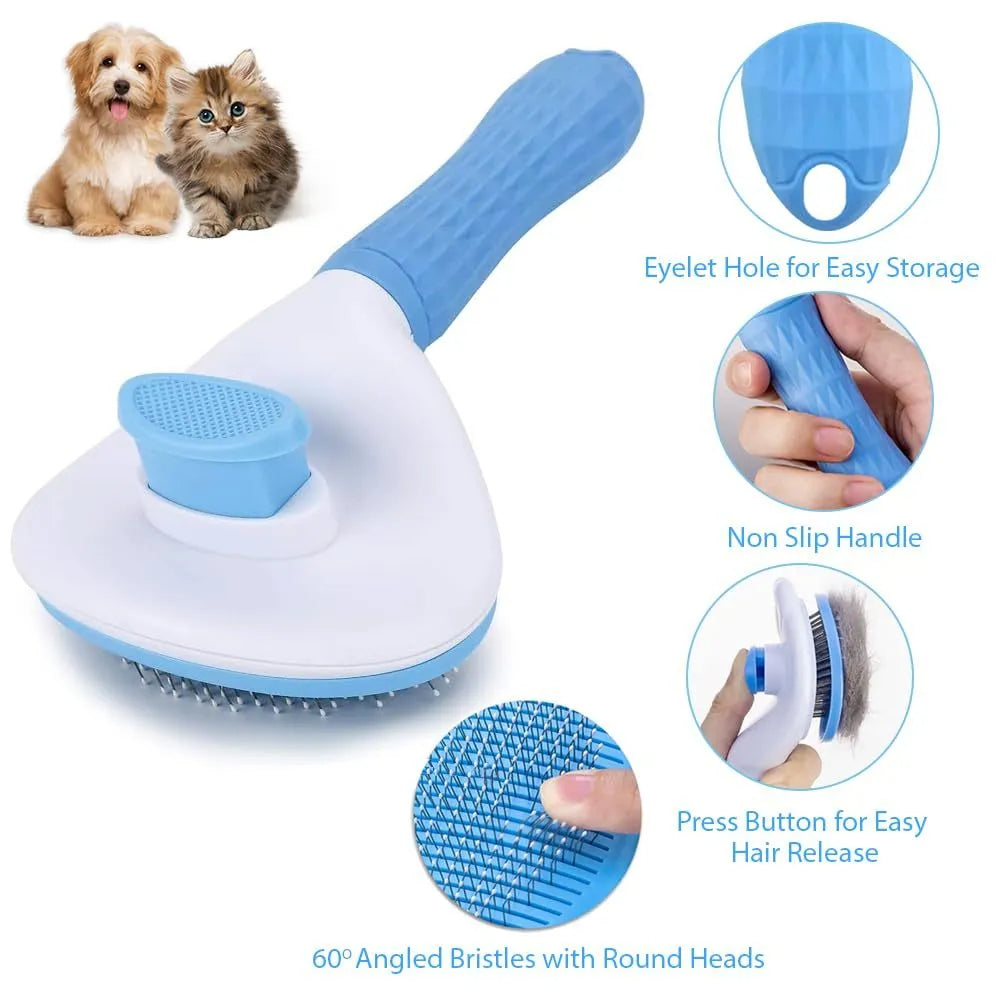 Blue, grey, and pink cat brush with a release button for pet hair removal