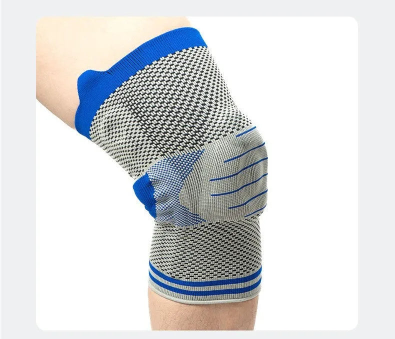 Cotton knee pad with silicone shock absorber in black and blue colour, shown with size tags for M, L, and XL.