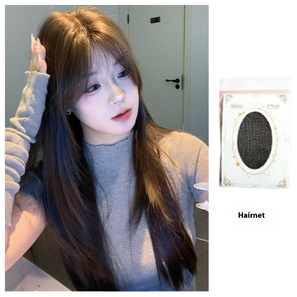 Ladies long straight layered cold brown wig made from high temperature fibre