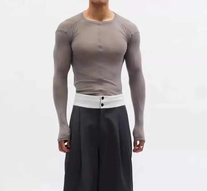 Mesh see-through texture slim-fit black pullover with long sleeves and round collar