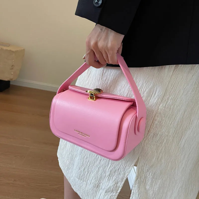 Personalised women's PU leather shoulder messenger bag with front letter stitching in beige, black, khaki, or pink.