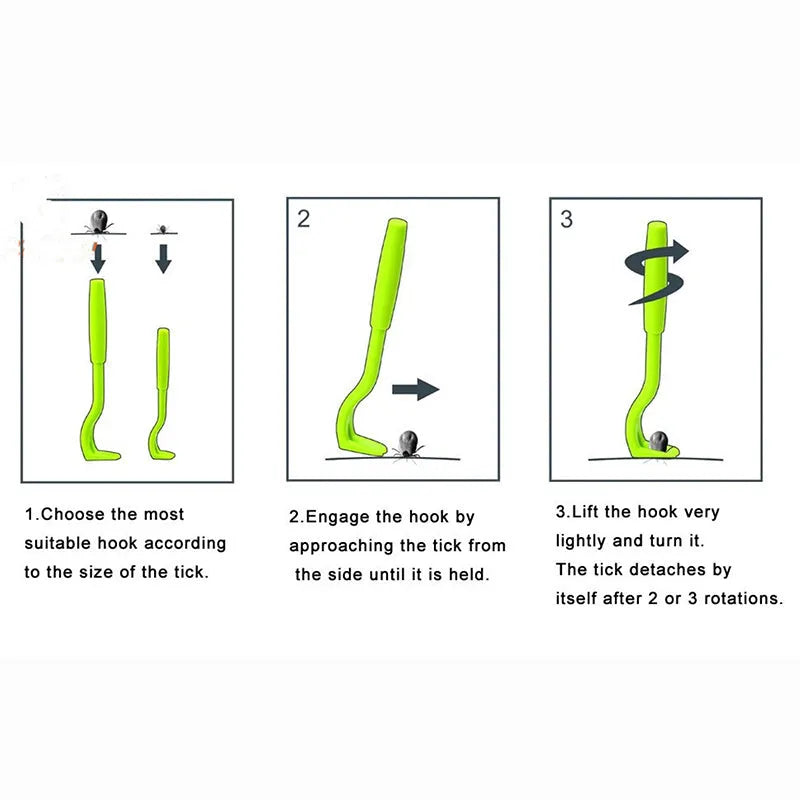 Three blue and green plastic tick removal clips with hook design for pets.