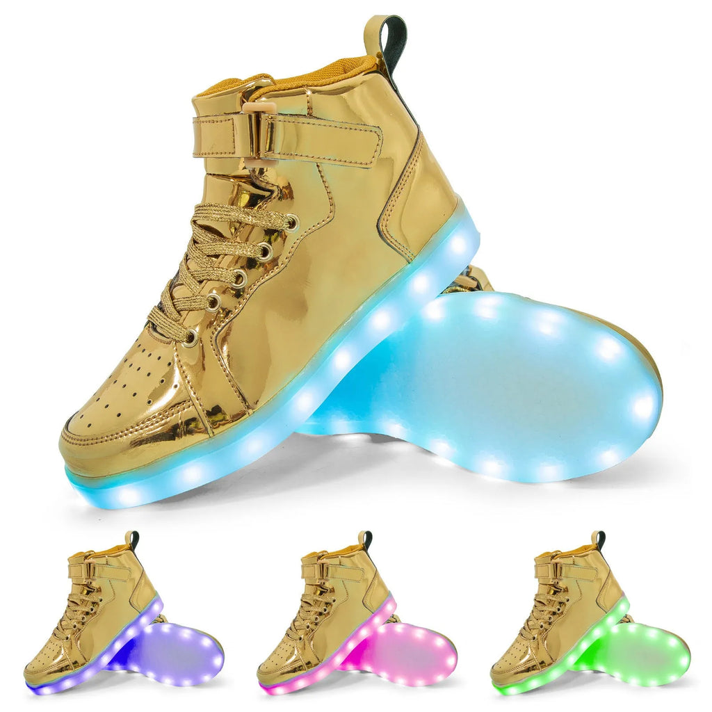 Pair of black high-top sneakers with LED lights illuminated on the side and Velcro straps.