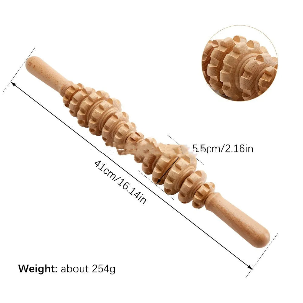 Wooden massage roller set with multiple beech wood roller shapes including T-shaped and wheel configurations