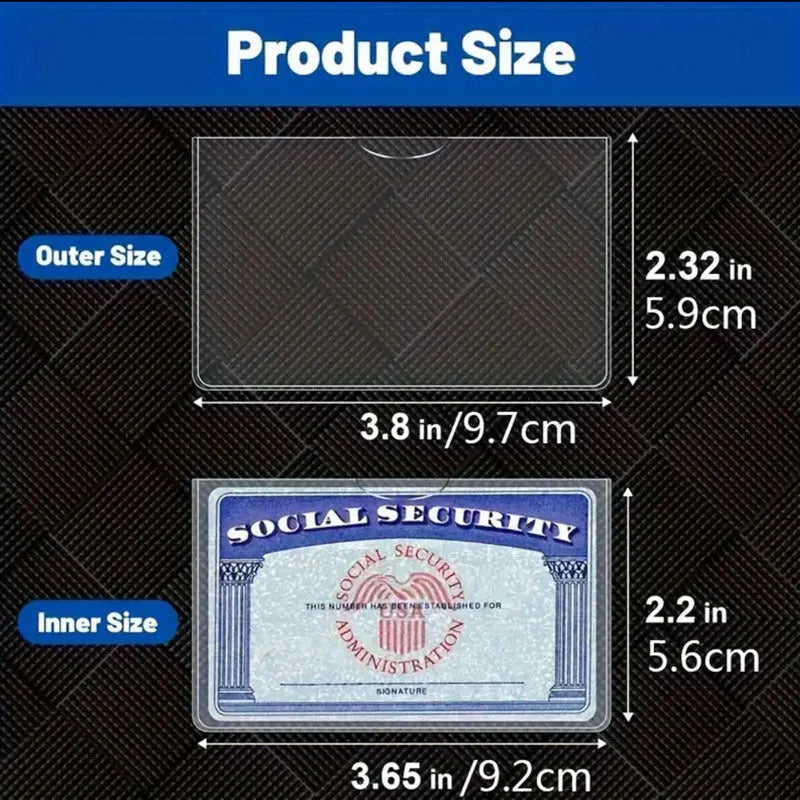 Transparent PVC ID card holder showing social security card inside with dimensions 9.7cm by 5.9cm