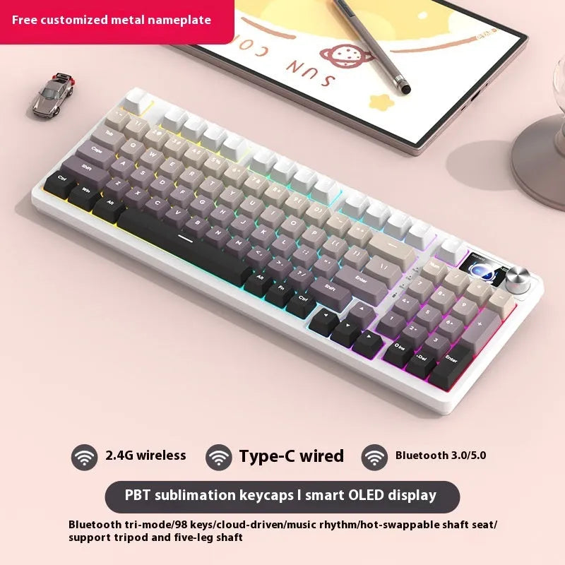 White screen version 98-key wireless mechanical keyboard kit with metal knob on desk