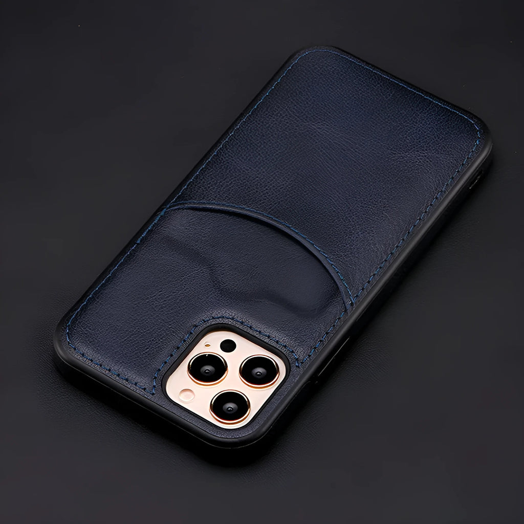 Dark blue PU leather iPhone case showing front and back views with precise cutouts