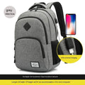 Grey lightweight nylon backpack with USB charging port and trolley case sleeve on back