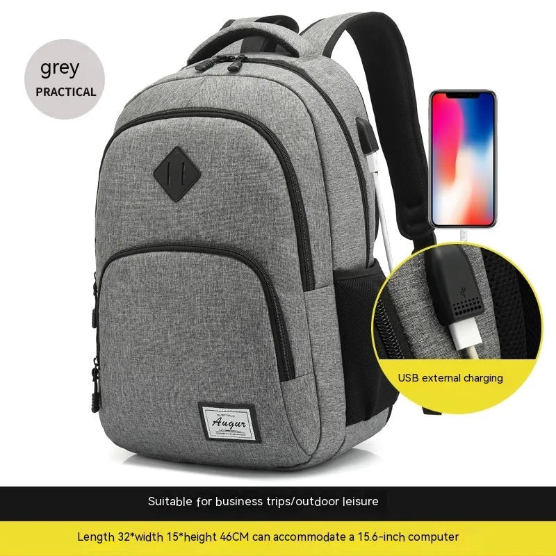 Grey lightweight nylon backpack with USB charging port and trolley case sleeve on back